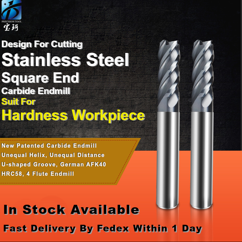 Baoke New Design 4 Flute Flat Square Endmill Milling Cutter Carbide End Mill Fresa for Stainless Steel High Hardness Metal Cutting