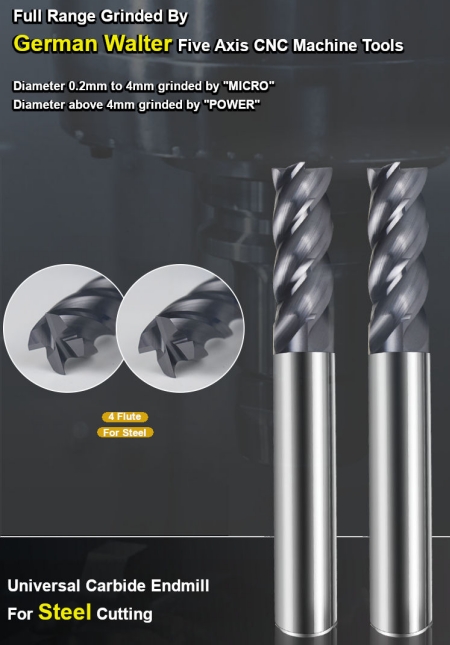 HRC55, 4 Flute Endmill, Square End, for Steel Processing