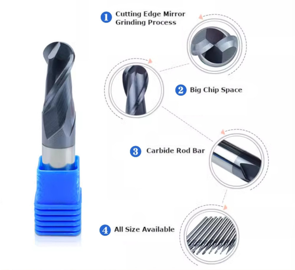 Baoke 3.175 Ball End Mill Cutter HRC55 2 Flute 2f Wholesale Manufacture OEM Tungsten Carbide Endmill CNC Machine Carbide End Mill Wear-Resistant Ballnose